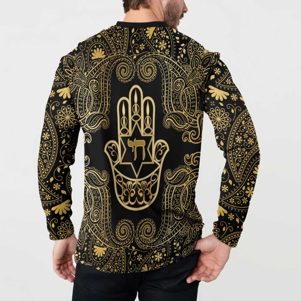 Jewish Hamsa Chai Button Sweatshirt Gold Paisley Pattern