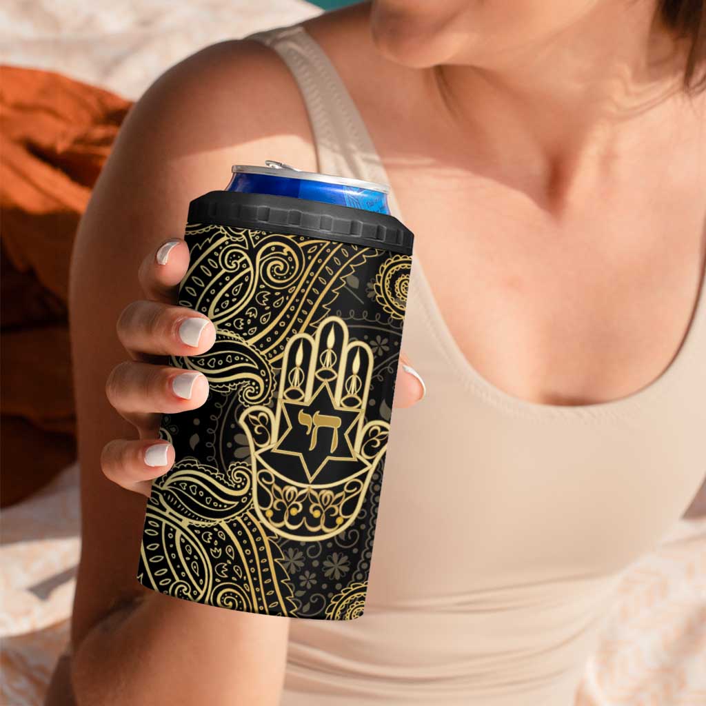 Jewish Hamsa Chai 4 in 1 Can Cooler Tumbler Gold Paisley Pattern