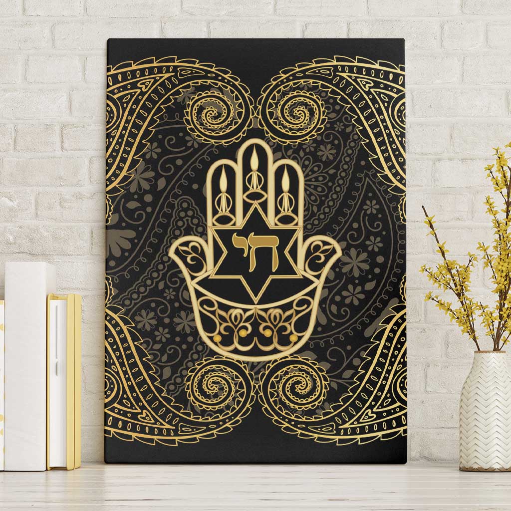Jewish Hamsa Chai Canvas Wall Art Gold Paisley Pattern