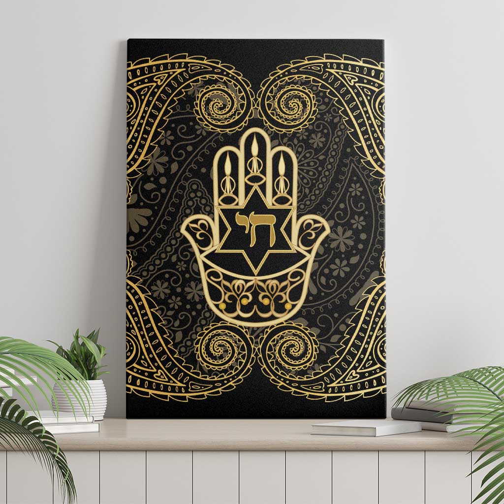 Jewish Hamsa Chai Canvas Wall Art Gold Paisley Pattern