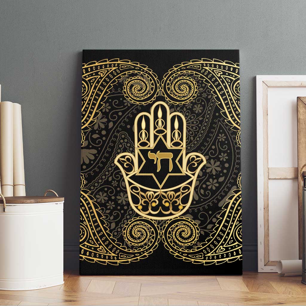 Jewish Hamsa Chai Canvas Wall Art Gold Paisley Pattern
