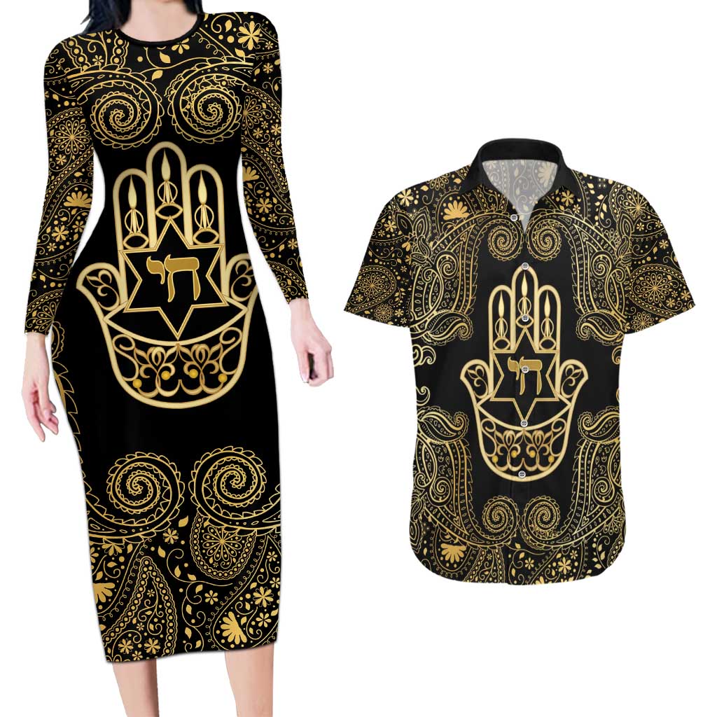 Jewish Hamsa Chai Couples Matching Long Sleeve Bodycon Dress and Hawaiian Shirt Gold Paisley Pattern