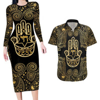 Jewish Hamsa Chai Couples Matching Long Sleeve Bodycon Dress and Hawaiian Shirt Gold Paisley Pattern