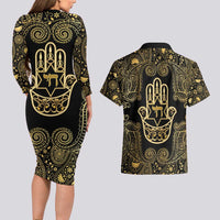 Jewish Hamsa Chai Couples Matching Long Sleeve Bodycon Dress and Hawaiian Shirt Gold Paisley Pattern