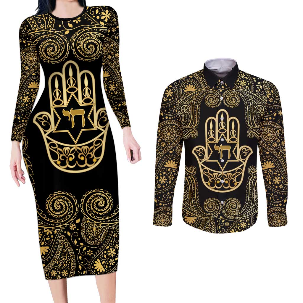 Jewish Hamsa Chai Couples Matching Long Sleeve Bodycon Dress and Long Sleeve Button Shirt Gold Paisley Pattern