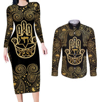 Jewish Hamsa Chai Couples Matching Long Sleeve Bodycon Dress and Long Sleeve Button Shirt Gold Paisley Pattern