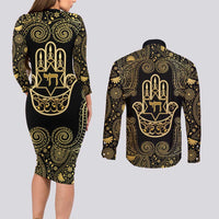 Jewish Hamsa Chai Couples Matching Long Sleeve Bodycon Dress and Long Sleeve Button Shirt Gold Paisley Pattern