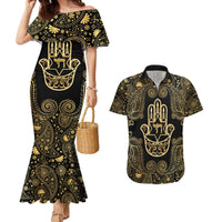 Jewish Hamsa Chai Couples Matching Mermaid Dress and Hawaiian Shirt Gold Paisley Pattern