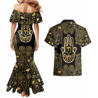Jewish Hamsa Chai Couples Matching Mermaid Dress and Hawaiian Shirt Gold Paisley Pattern