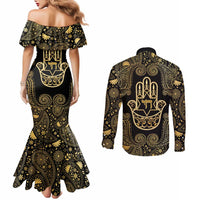 Jewish Hamsa Chai Couples Matching Mermaid Dress and Long Sleeve Button Shirt Gold Paisley Pattern