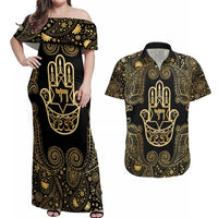 Jewish Hamsa Chai Couples Matching Off Shoulder Maxi Dress and Hawaiian Shirt Gold Paisley Pattern