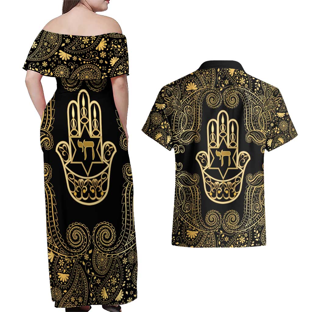 Jewish Hamsa Chai Couples Matching Off Shoulder Maxi Dress and Hawaiian Shirt Gold Paisley Pattern