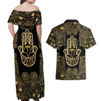 Jewish Hamsa Chai Couples Matching Off Shoulder Maxi Dress and Hawaiian Shirt Gold Paisley Pattern
