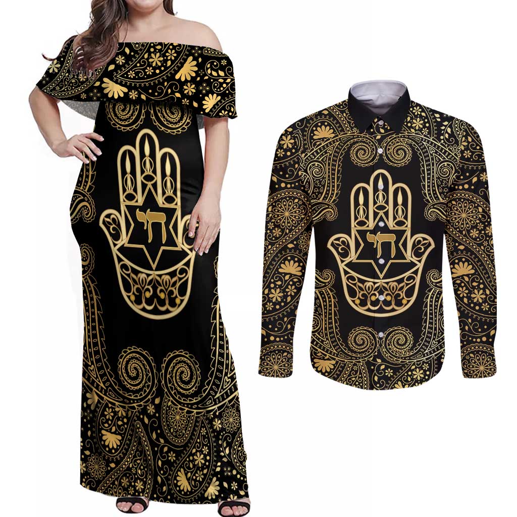 Jewish Hamsa Chai Couples Matching Off Shoulder Maxi Dress and Long Sleeve Button Shirt Gold Paisley Pattern