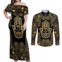 Jewish Hamsa Chai Couples Matching Off Shoulder Maxi Dress and Long Sleeve Button Shirt Gold Paisley Pattern