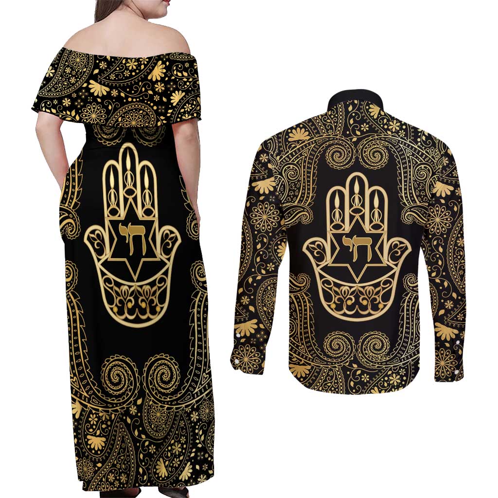 Jewish Hamsa Chai Couples Matching Off Shoulder Maxi Dress and Long Sleeve Button Shirt Gold Paisley Pattern