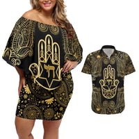 Jewish Hamsa Chai Couples Matching Off Shoulder Short Dress and Hawaiian Shirt Gold Paisley Pattern