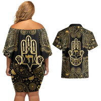 Jewish Hamsa Chai Couples Matching Off Shoulder Short Dress and Hawaiian Shirt Gold Paisley Pattern