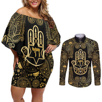 Jewish Hamsa Chai Couples Matching Off Shoulder Short Dress and Long Sleeve Button Shirt Gold Paisley Pattern