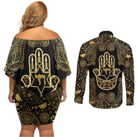 Jewish Hamsa Chai Couples Matching Off Shoulder Short Dress and Long Sleeve Button Shirt Gold Paisley Pattern