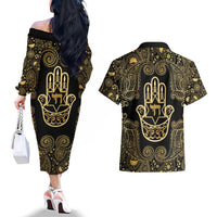 Jewish Hamsa Chai Couples Matching Off The Shoulder Long Sleeve Dress and Hawaiian Shirt Gold Paisley Pattern