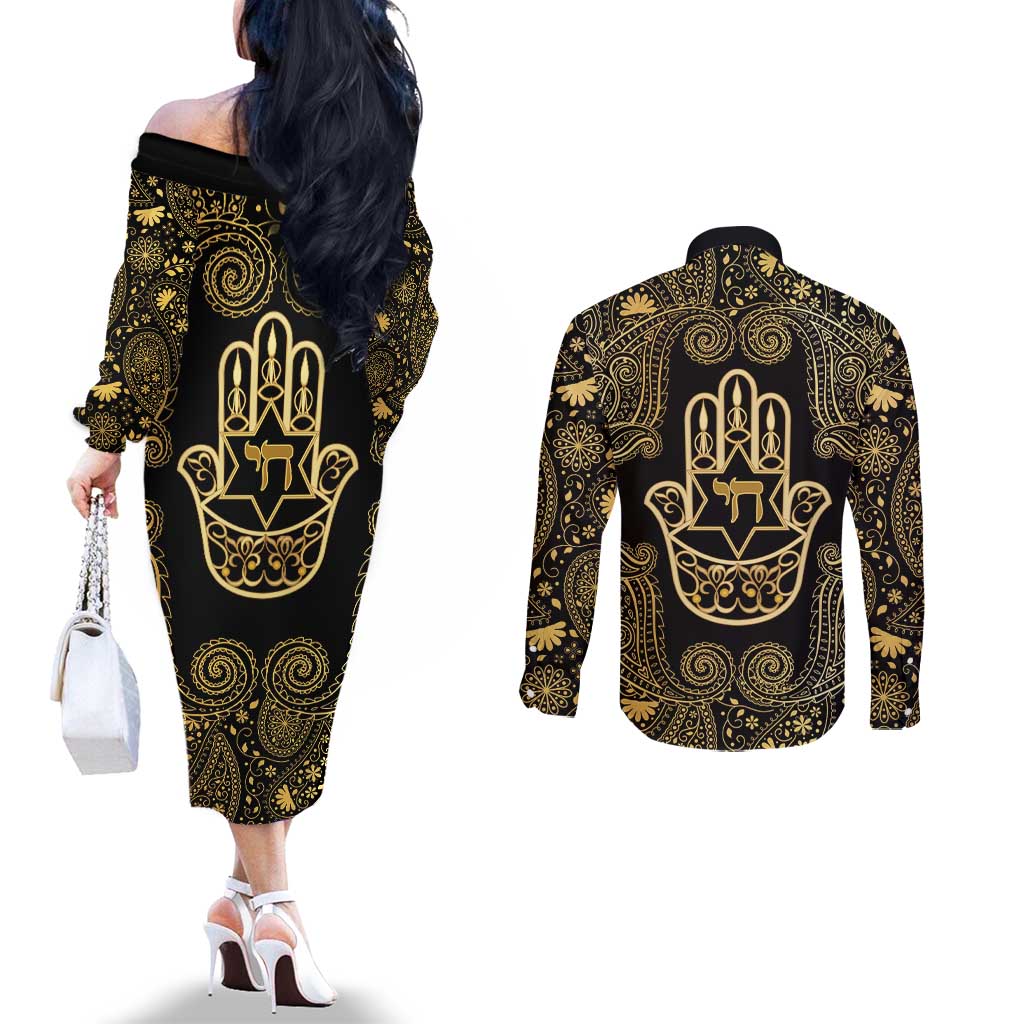Jewish Hamsa Chai Couples Matching Off The Shoulder Long Sleeve Dress and Long Sleeve Button Shirt Gold Paisley Pattern