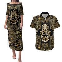 Jewish Hamsa Chai Couples Matching Puletasi and Hawaiian Shirt Gold Paisley Pattern