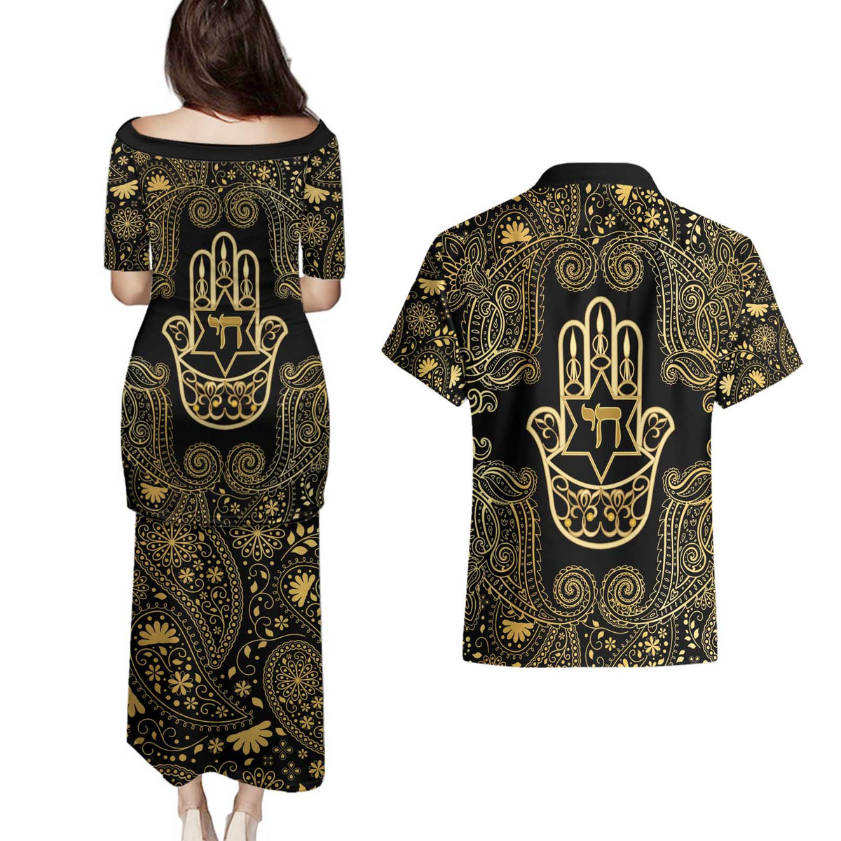 Jewish Hamsa Chai Couples Matching Puletasi and Hawaiian Shirt Gold Paisley Pattern