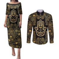 Jewish Hamsa Chai Couples Matching Puletasi and Long Sleeve Button Shirt Gold Paisley Pattern