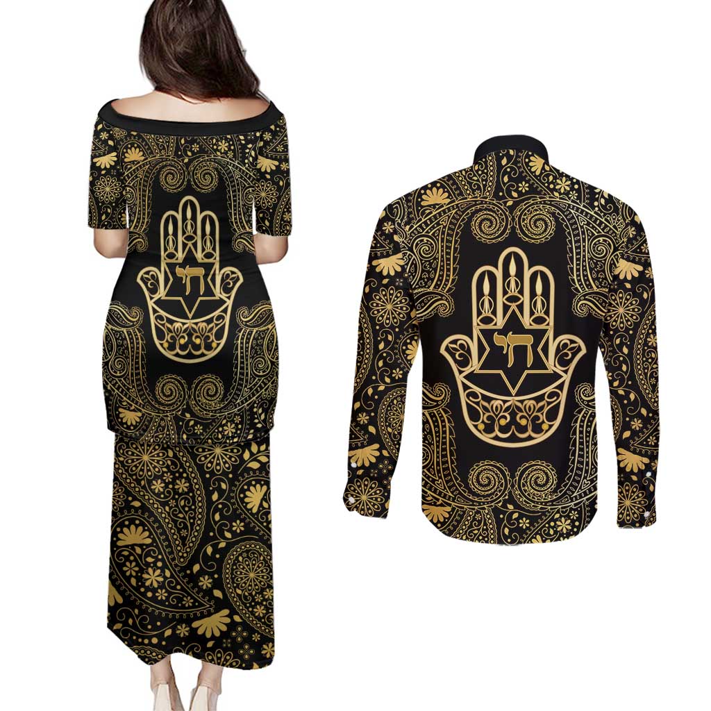 Jewish Hamsa Chai Couples Matching Puletasi and Long Sleeve Button Shirt Gold Paisley Pattern