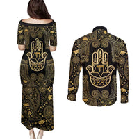 Jewish Hamsa Chai Couples Matching Puletasi and Long Sleeve Button Shirt Gold Paisley Pattern