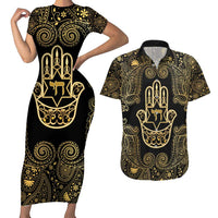 Jewish Hamsa Chai Couples Matching Short Sleeve Bodycon Dress and Hawaiian Shirt Gold Paisley Pattern