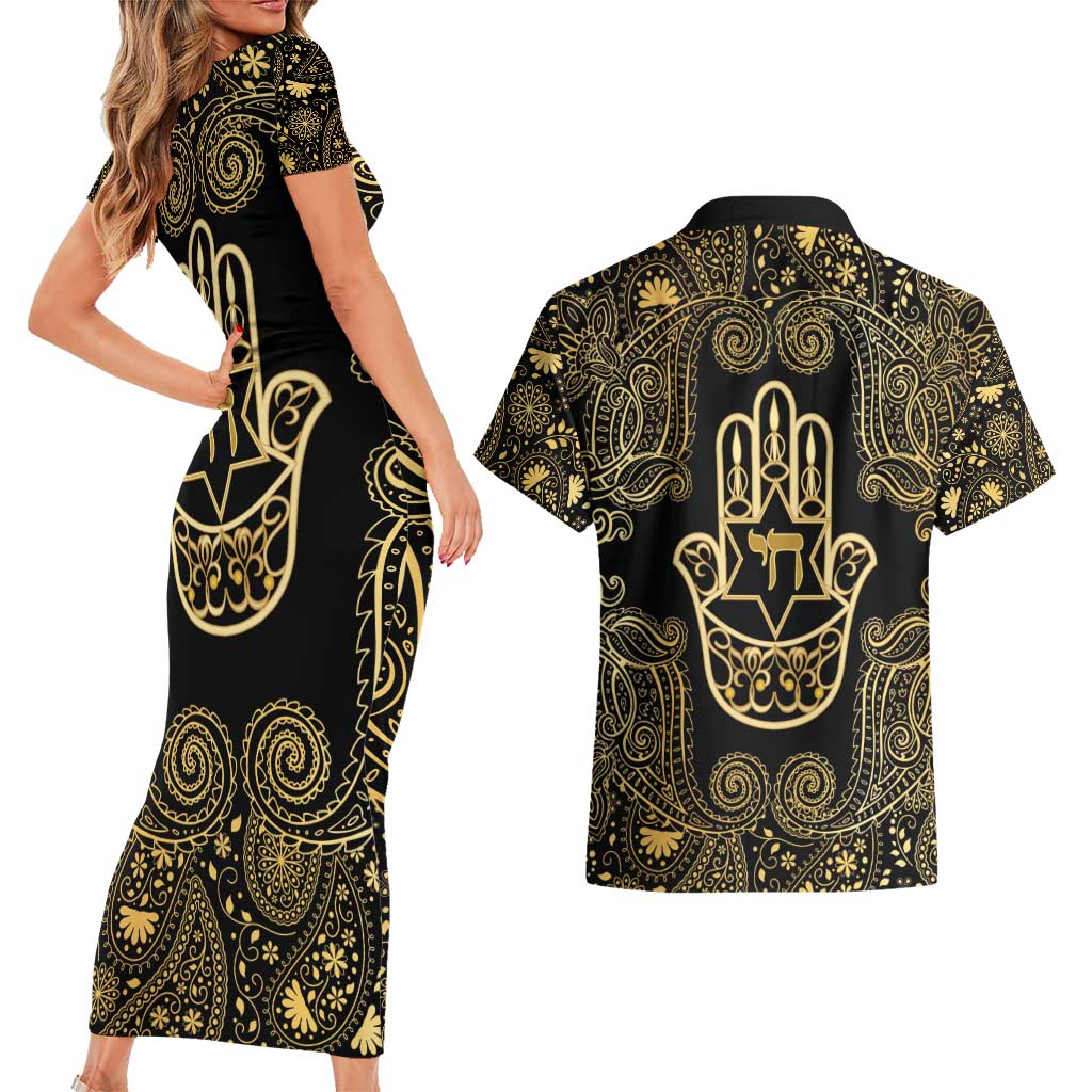 Jewish Hamsa Chai Couples Matching Short Sleeve Bodycon Dress and Hawaiian Shirt Gold Paisley Pattern