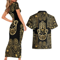 Jewish Hamsa Chai Couples Matching Short Sleeve Bodycon Dress and Hawaiian Shirt Gold Paisley Pattern