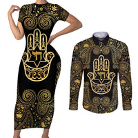 Jewish Hamsa Chai Couples Matching Short Sleeve Bodycon Dress and Long Sleeve Button Shirt Gold Paisley Pattern