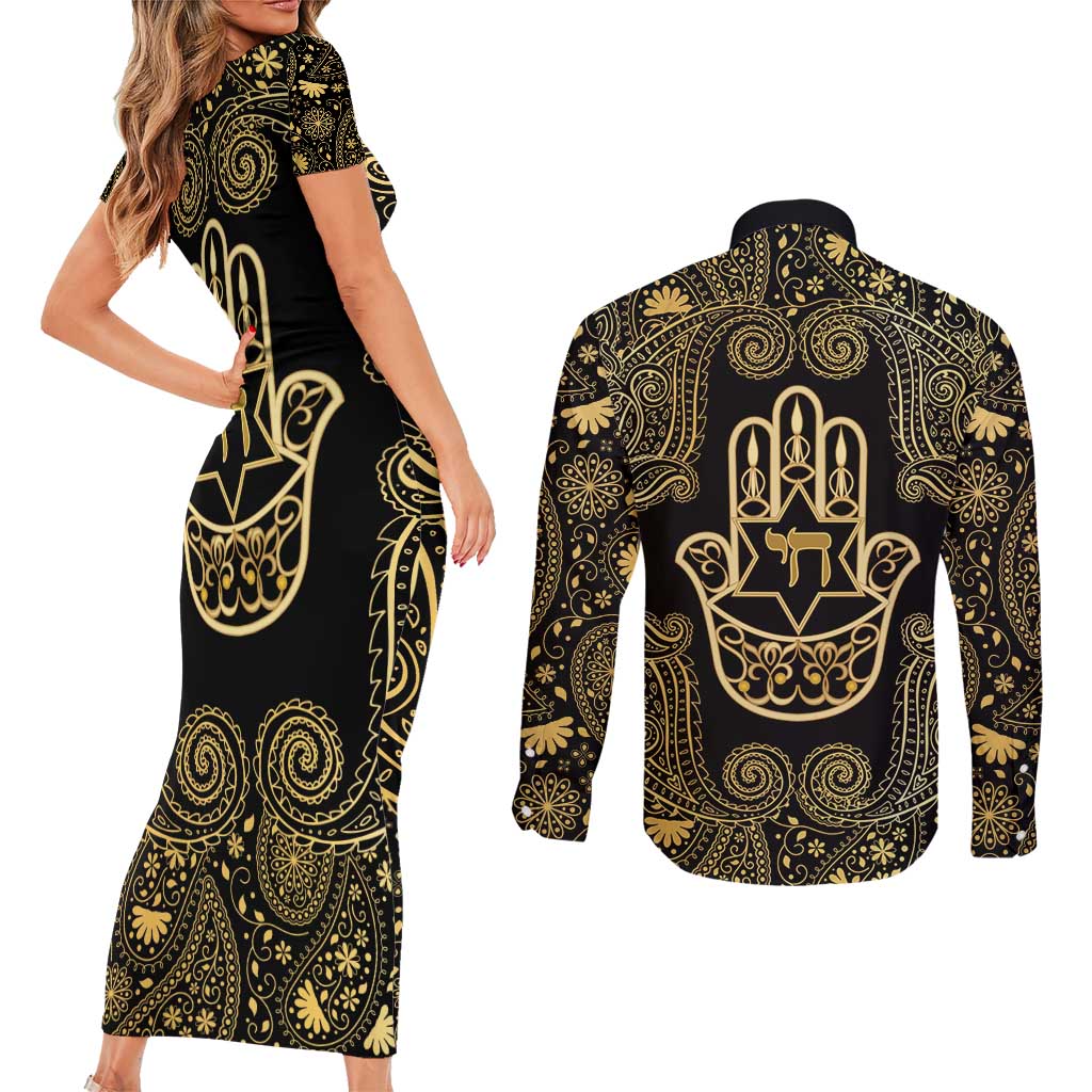 Jewish Hamsa Chai Couples Matching Short Sleeve Bodycon Dress and Long Sleeve Button Shirt Gold Paisley Pattern