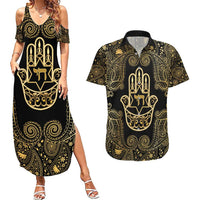 Jewish Hamsa Chai Couples Matching Summer Maxi Dress and Hawaiian Shirt Gold Paisley Pattern
