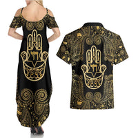 Jewish Hamsa Chai Couples Matching Summer Maxi Dress and Hawaiian Shirt Gold Paisley Pattern