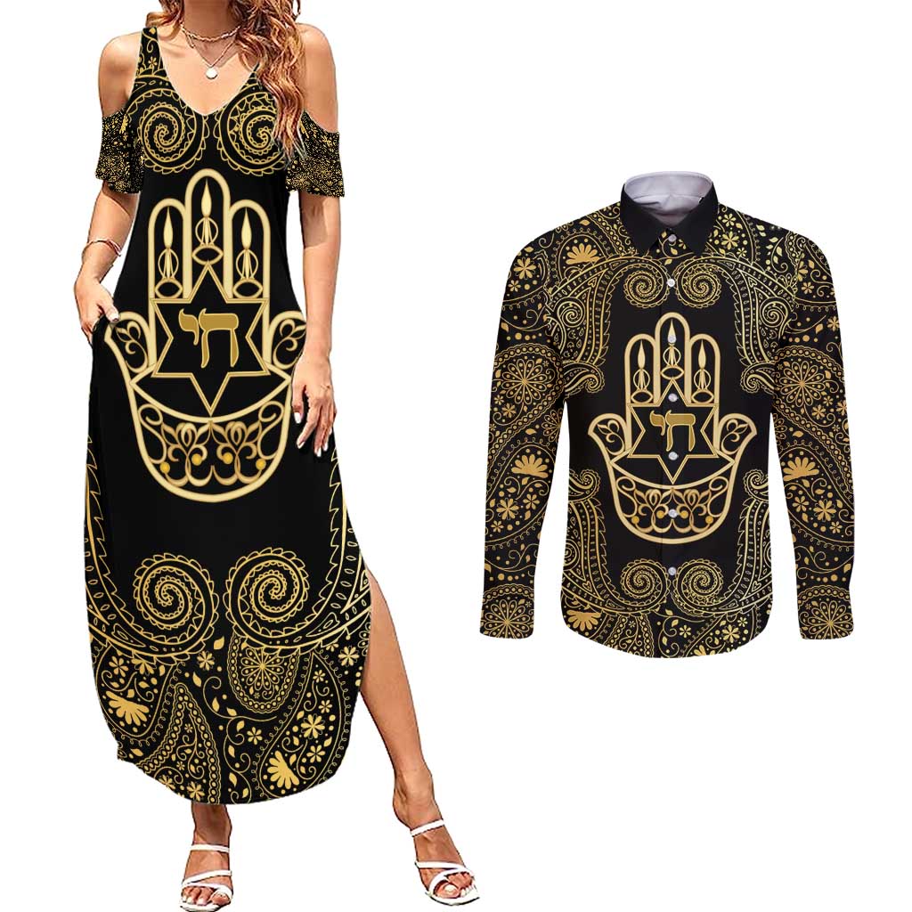 Jewish Hamsa Chai Couples Matching Summer Maxi Dress and Long Sleeve Button Shirt Gold Paisley Pattern