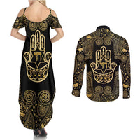 Jewish Hamsa Chai Couples Matching Summer Maxi Dress and Long Sleeve Button Shirt Gold Paisley Pattern