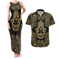 Jewish Hamsa Chai Couples Matching Tank Maxi Dress and Hawaiian Shirt Gold Paisley Pattern