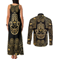 Jewish Hamsa Chai Couples Matching Tank Maxi Dress and Long Sleeve Button Shirt Gold Paisley Pattern