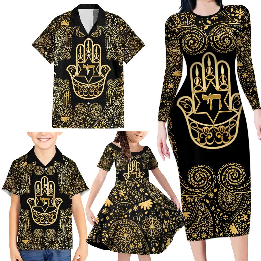 Jewish Hamsa Chai Family Matching Long Sleeve Bodycon Dress and Hawaiian Shirt Gold Paisley Pattern