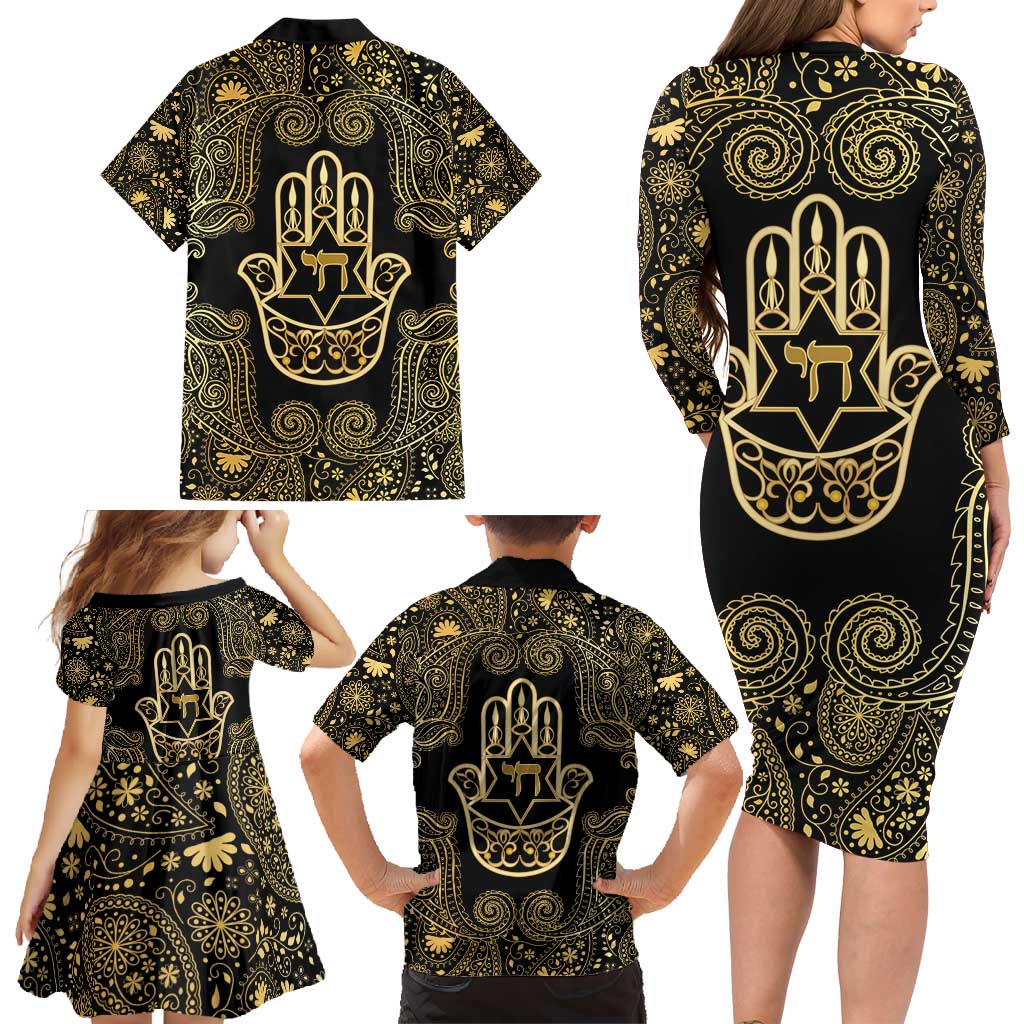 Jewish Hamsa Chai Family Matching Long Sleeve Bodycon Dress and Hawaiian Shirt Gold Paisley Pattern