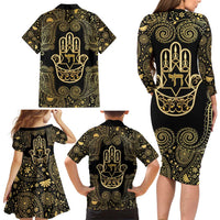 Jewish Hamsa Chai Family Matching Long Sleeve Bodycon Dress and Hawaiian Shirt Gold Paisley Pattern
