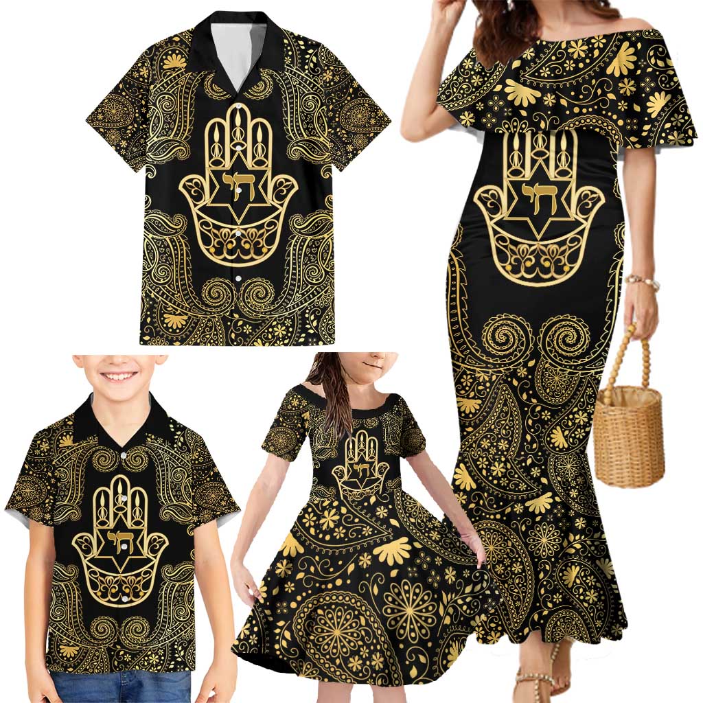 Jewish Hamsa Chai Family Matching Mermaid Dress and Hawaiian Shirt Gold Paisley Pattern