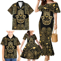 Jewish Hamsa Chai Family Matching Mermaid Dress and Hawaiian Shirt Gold Paisley Pattern