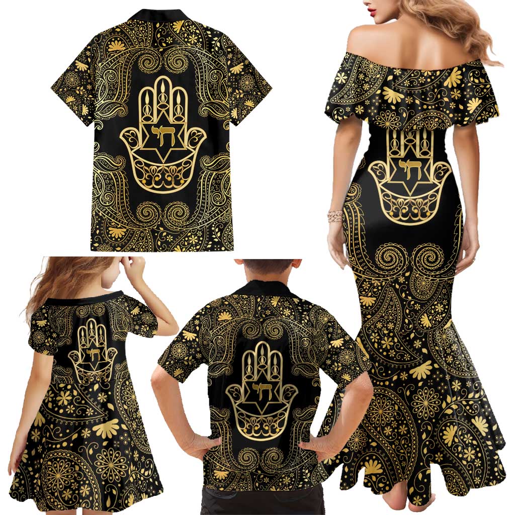 Jewish Hamsa Chai Family Matching Mermaid Dress and Hawaiian Shirt Gold Paisley Pattern