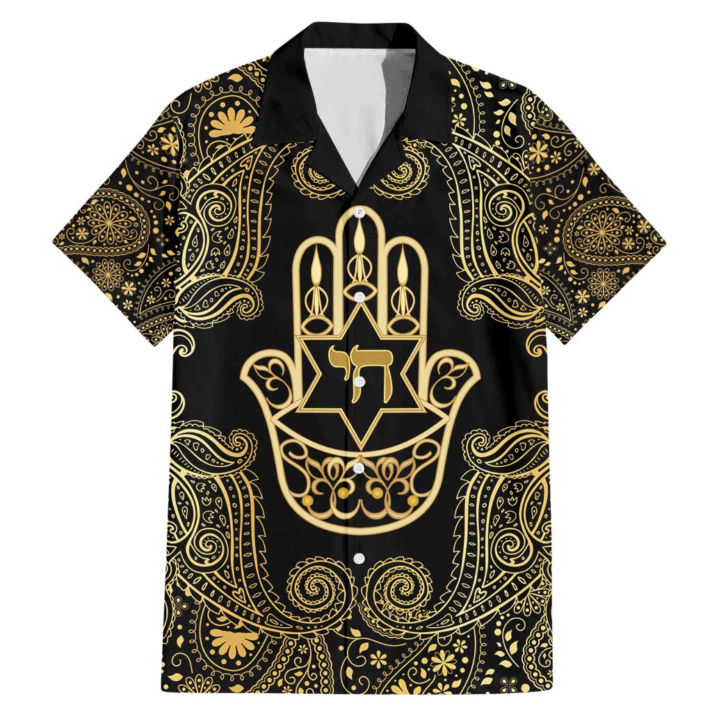 Jewish Hamsa Chai Family Matching Mermaid Dress and Hawaiian Shirt Gold Paisley Pattern