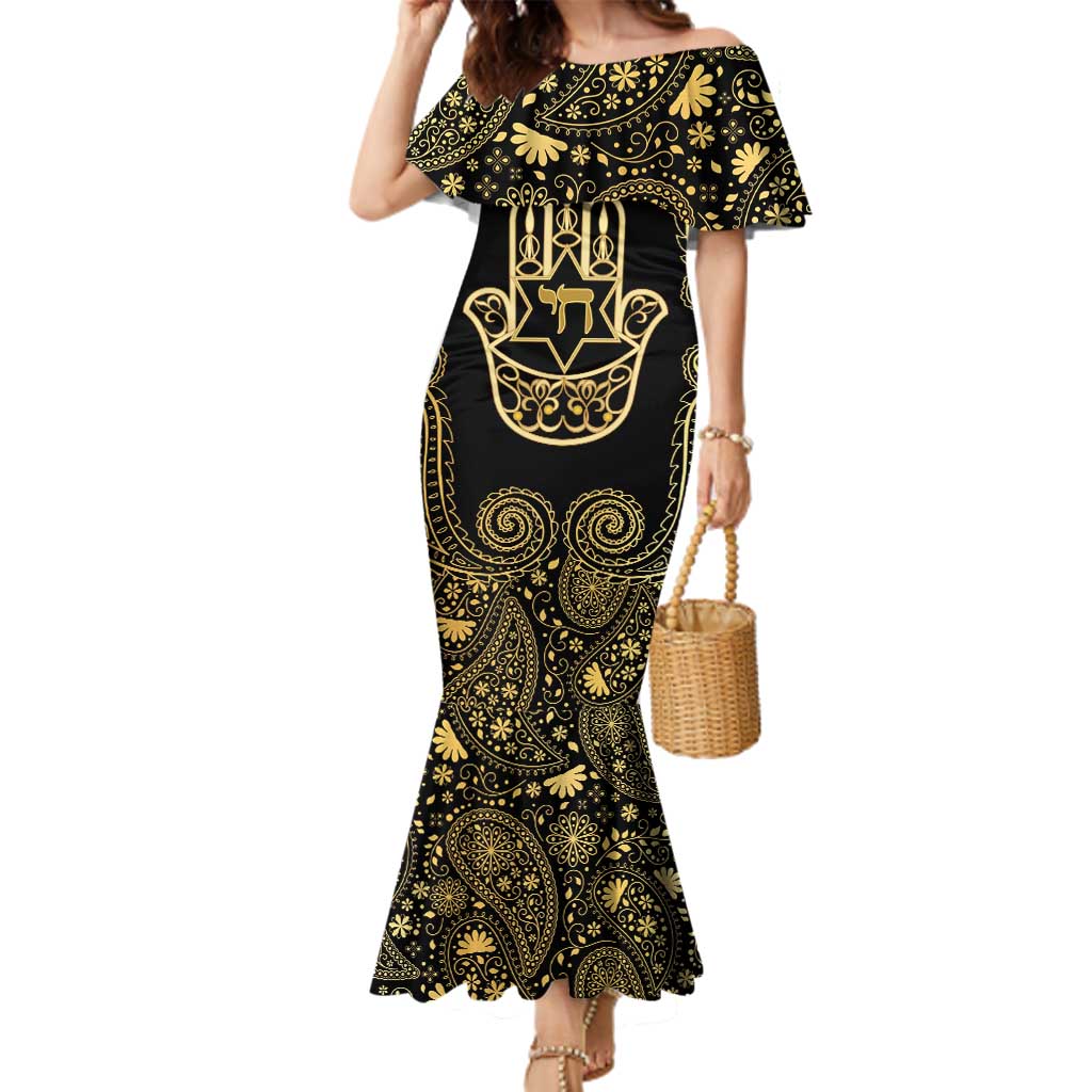 Jewish Hamsa Chai Family Matching Mermaid Dress and Hawaiian Shirt Gold Paisley Pattern